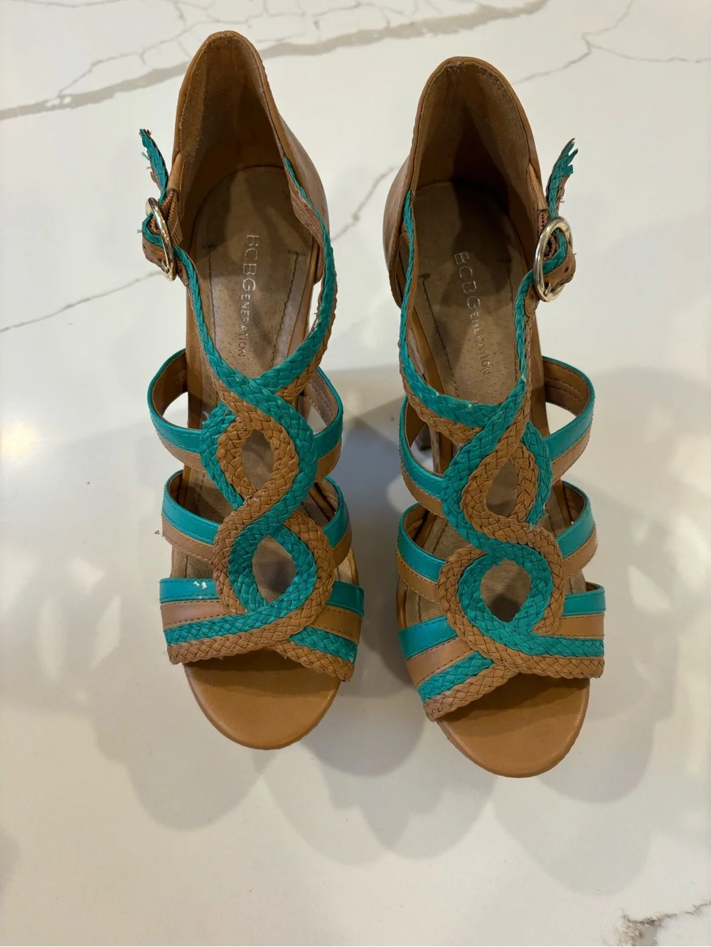 Y2K BCBGeneration Cork Chunky Strappy Platform Heels Turquoise Blue Tan Sandals